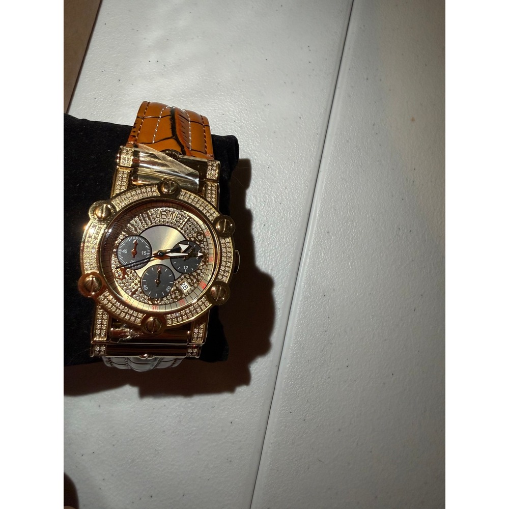 Mens Gold Tone Chron Watch Diamond Accents Brown Crocodile Embossed Leather Band